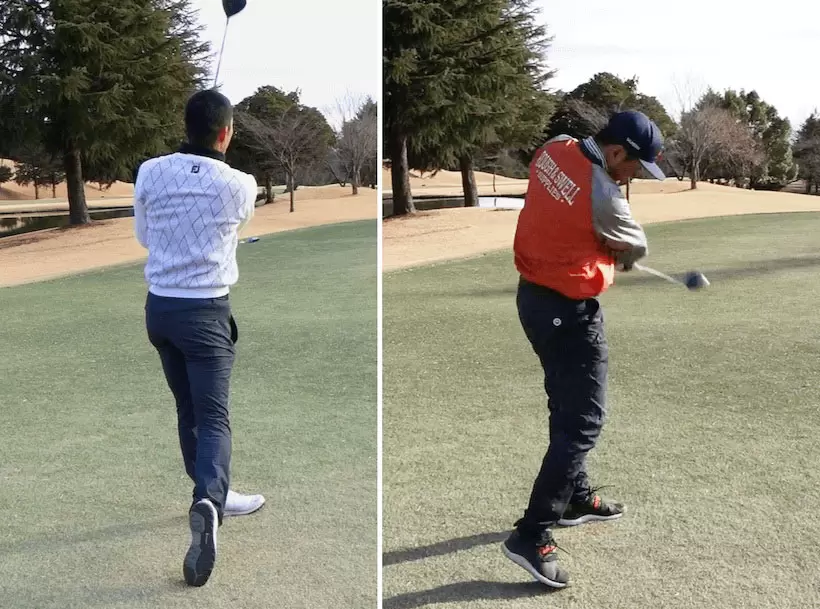 ゴルフ場での佐藤順と野村タケオのスイング後ろ姿写真