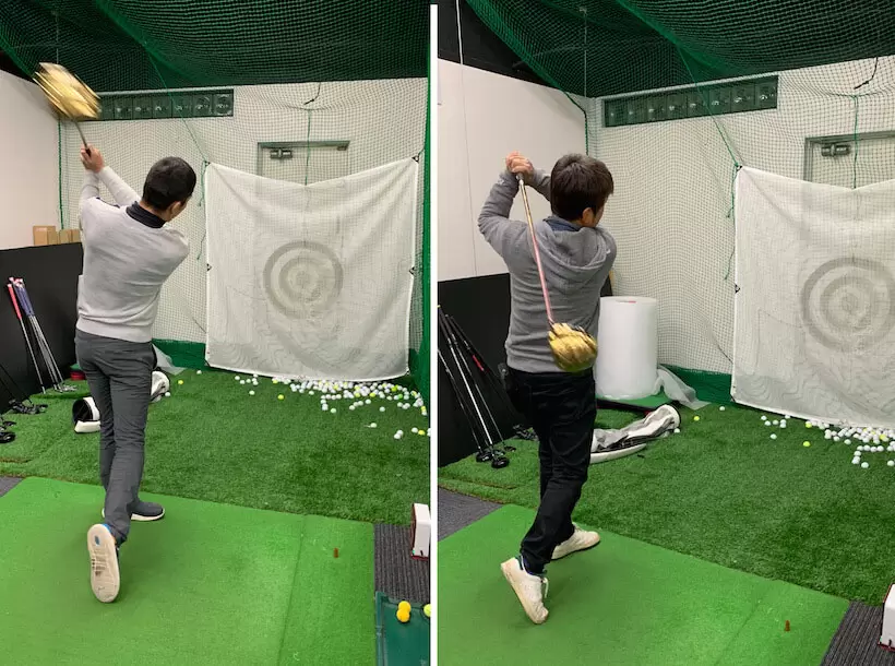 佐藤順と野村タケオのスイング後ろ姿画像