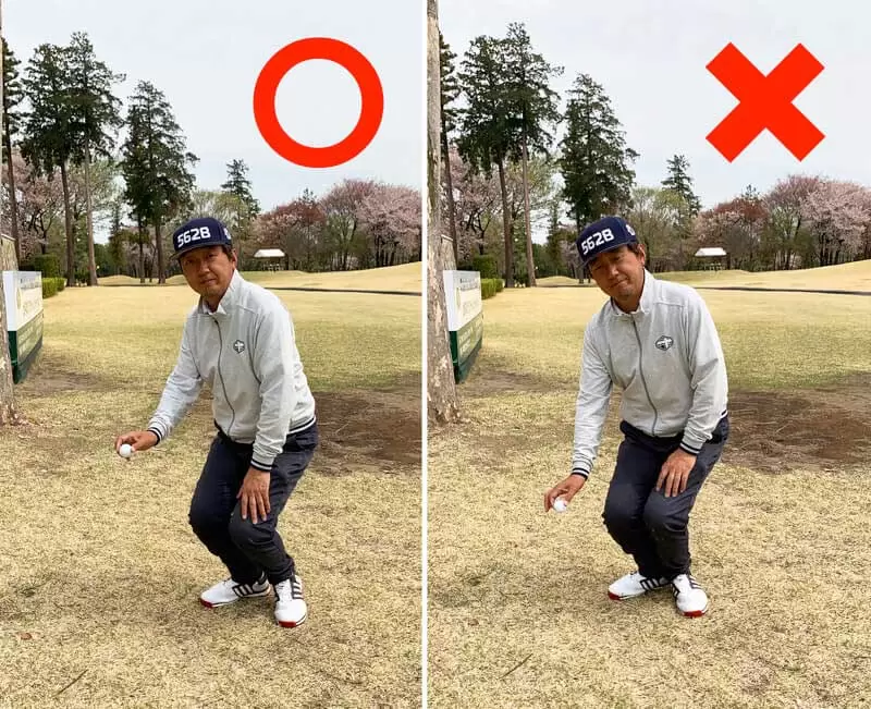 ゴルフ場で野村タケオがドロップしようとしている比較写真2種類