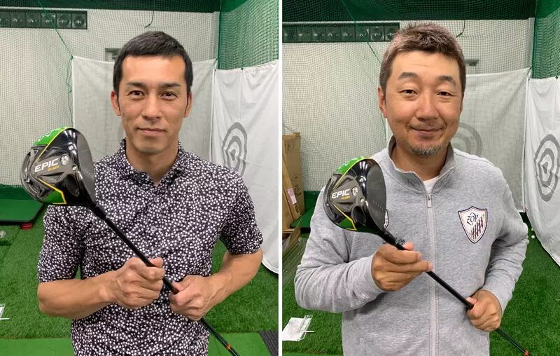 佐藤順と野村タケオがクラブを持って立っている写真2枚