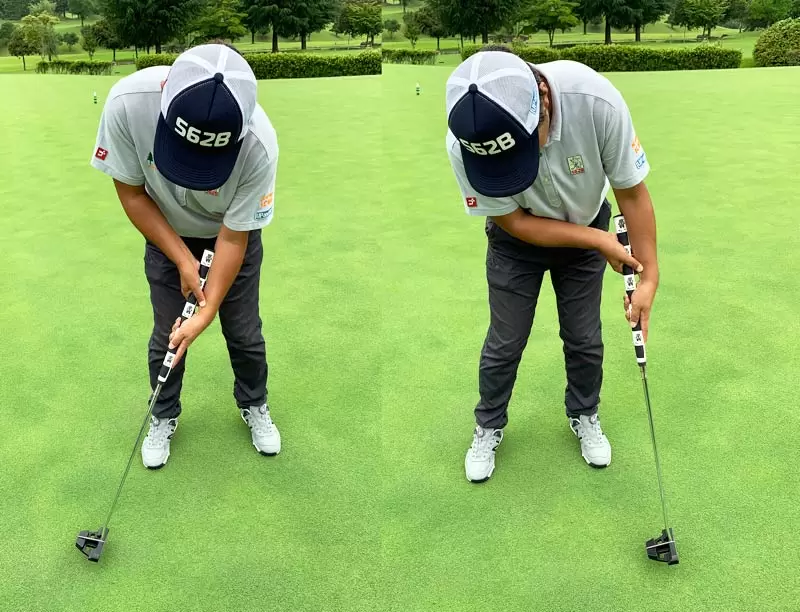 ゴルフ場で野村タケオがアームアンカーパターを持って打つ様子の写真2種類