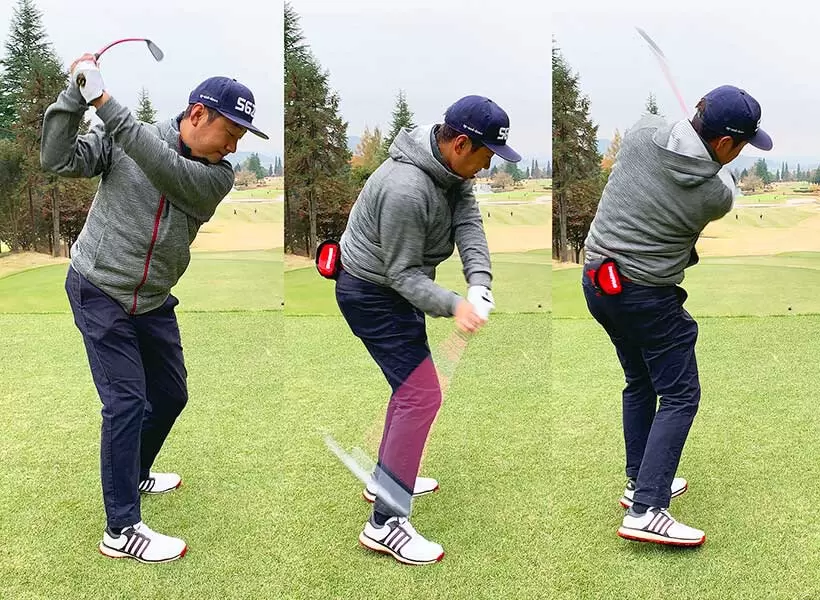 野村タケオがMCIプラクティスアイアンシャフトでボールを打っている写真3コマ