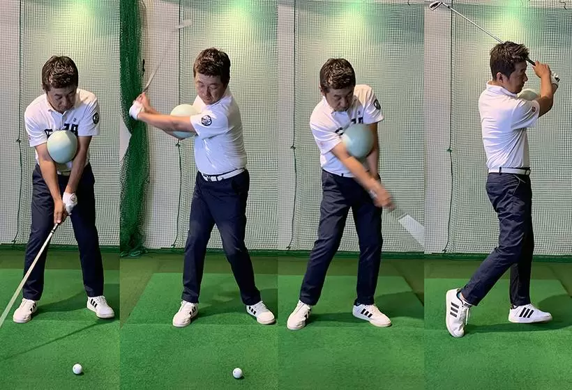 野村タケオががボールを胸に挟みながらスイングしている４ショット写真