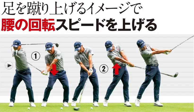 足を蹴り上げるイメージで腰の回転スピードを上げる