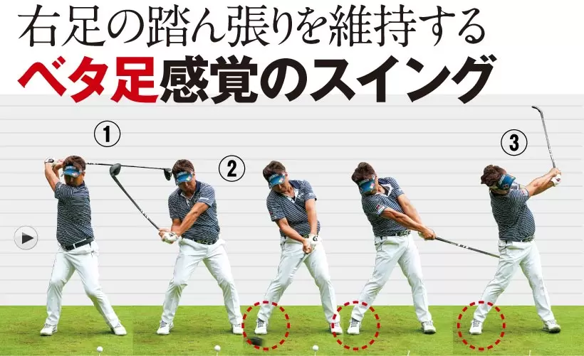 右足の踏ん張りを維持するベタ足感覚のスイング