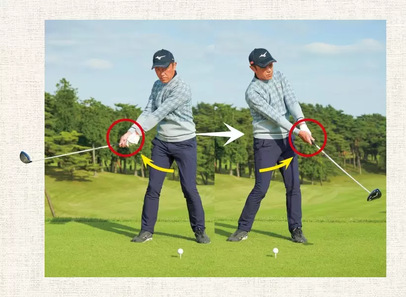 クラブをカラダの前で固定し、腰の回転にまかせてスイングするイメージだ。