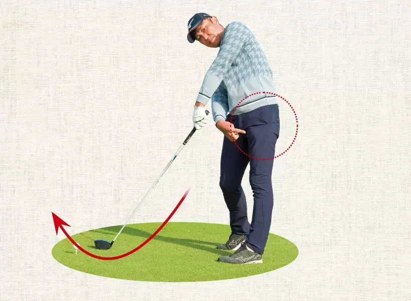 腰を左に切りながらクラブをインサイドアウトに振り抜く。