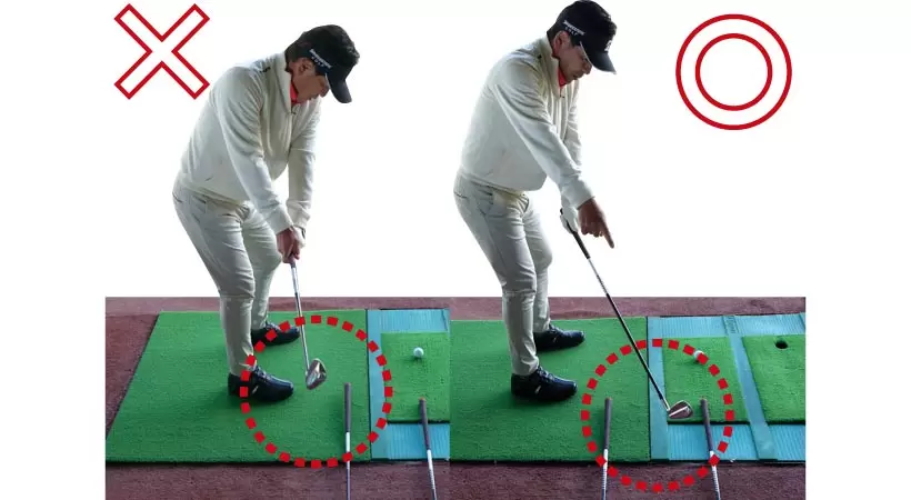 油断するとすぐヘッドは中に入り、手元のクラブと重なったりそれより内側に入ってしまう（左）。