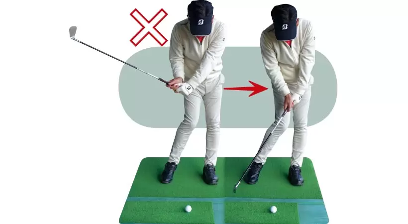 手元が右足前のままだと、手首が早くほどけて急角度で入るインパクト軌道に。