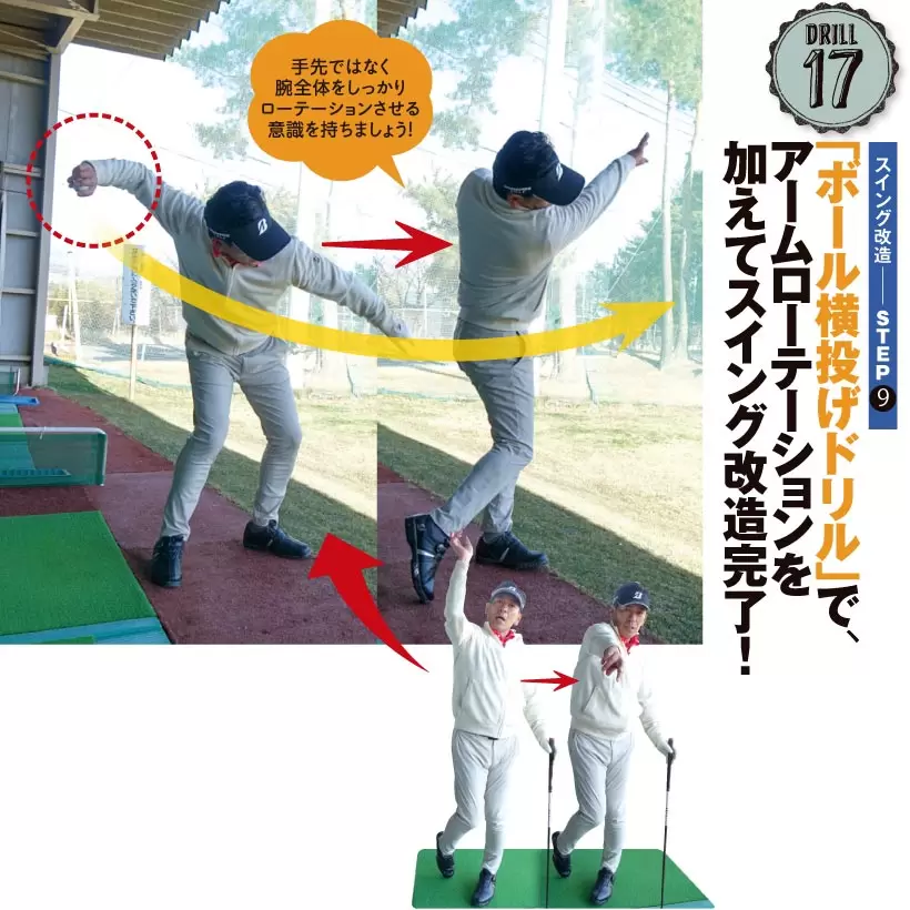 通常のオーバースローでボール投げの動きを再現すると、投げ終わったあと右腕は内側にヒネられて親指が地面を向く。この動きがもっともナチュラルに腕が返った状態。