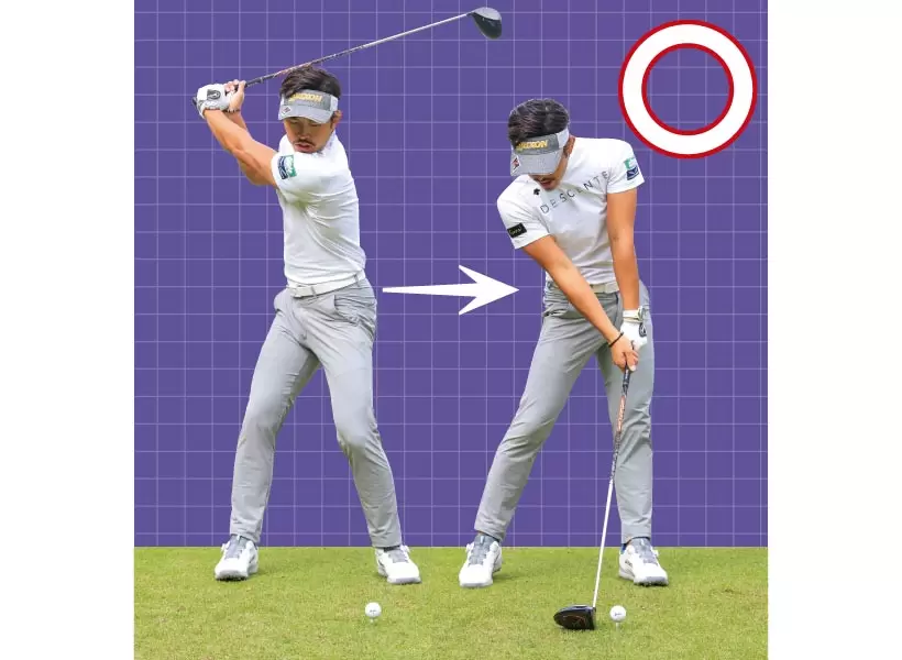 インパクトまで右カカトが浮かないように我慢。これで下半身のパワーを効率よくボールにぶつけることができる。