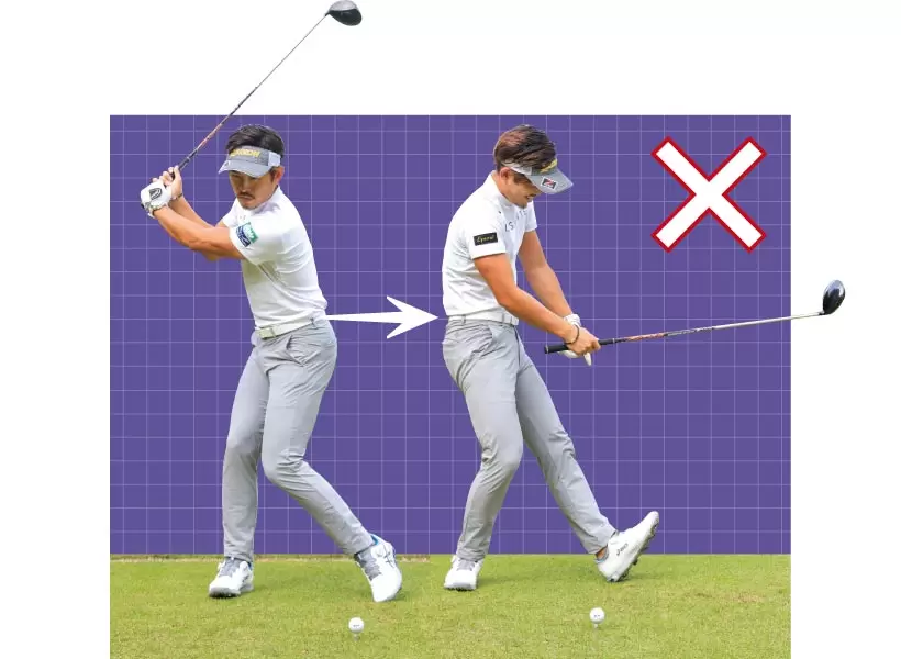 バックスイングで左ヒザが右に動くと上体の十分な捻転が作れず、飛ばしのパワーが溜まらない。
