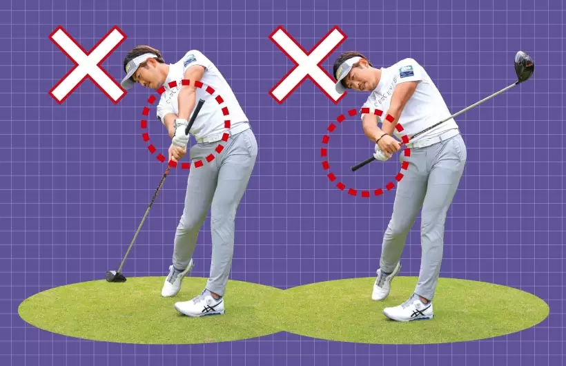 フォロースルーでグリップエンドが外れるのはダメ。ヘッドスピードが上がらず、ミート率も低下してしまう。