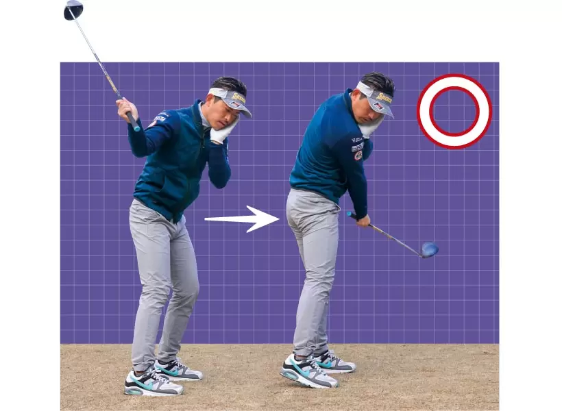 左ホホの位置をキープするだけで軌道が整い、ミート率が向上して飛距離アップも期待できる。