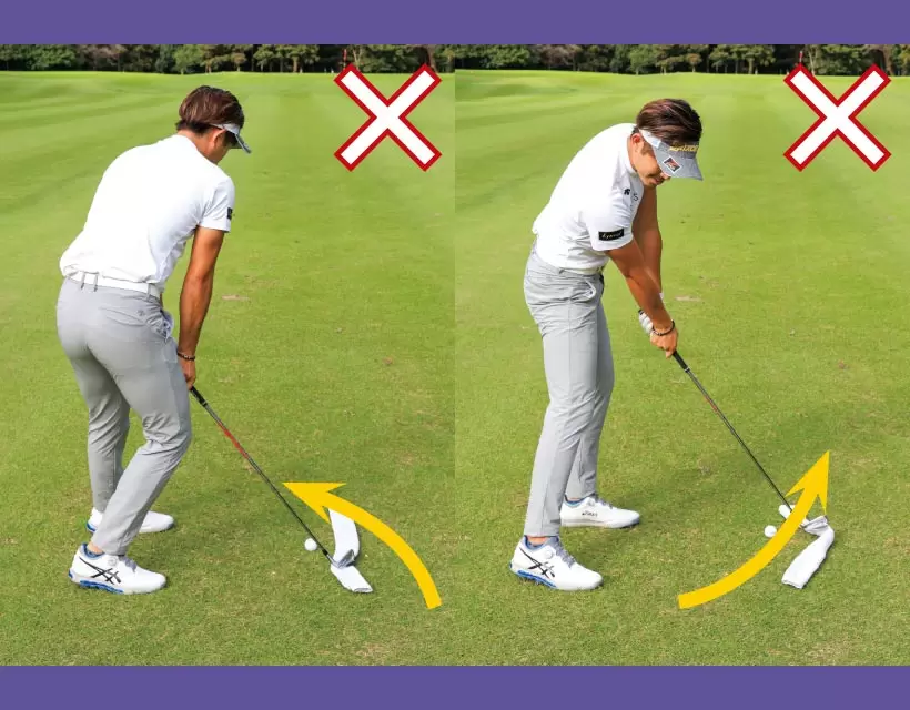 鋭角すぎれば手前側で（左）、下から入ればボールの先でタオルに当たる（右）。