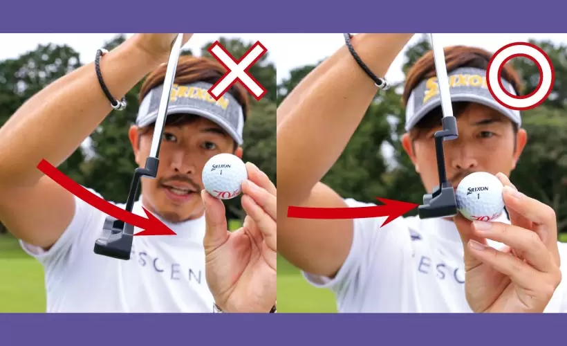 上から当たると球が跳ねてしまう（左）。オーバースピンをかけるつもりでややアッパー軌道でヒットしよう。