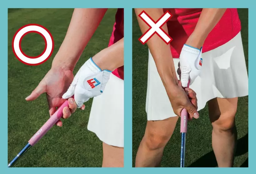 右手は中指と薬指を巻きつけるように握る（左）。手のヒラで握ると力が入りすぎるからダメ（右）。