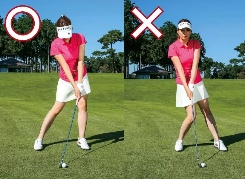 インパクトの理想形はハンドファーストと左足体重（左）。右足体重では手元が右モモ前になりハンドレートになってしまう（右）。