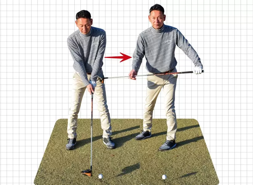 通常のアドレスから両足を斜め45度方向に向けて、極端なクローズスタンスで構えよう。