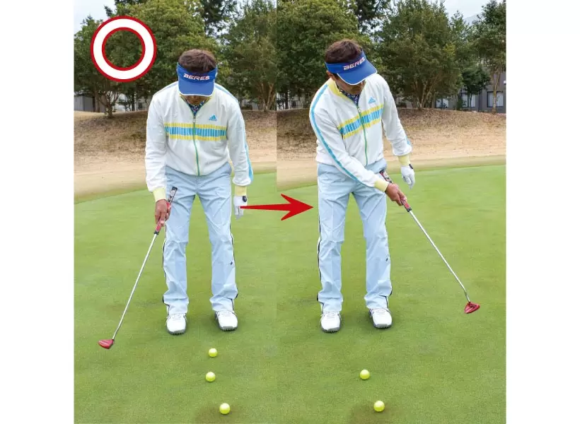 カップを見ながら右手でパターを持って打つと距離感のイメージがつきやすい。10歩の距離を練習しておけば、ロングパットへの対応もしやすくなる。