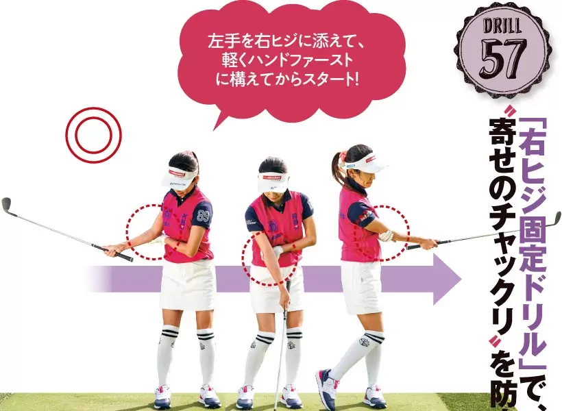 右腕を固定して体の回転でスイングするとハンドファーストは自然に作られ、インパクトでアドレスの再現ができる。