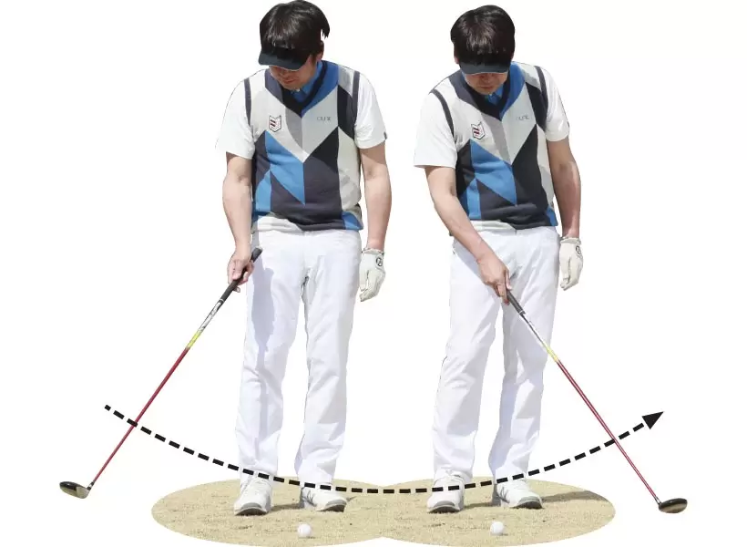 フェースが開閉するように、丸く曲線を描きながら振るのがフェアウェイウッドのコツ。広いソールが滑って、ダフったりせずにボールにヒットできる。