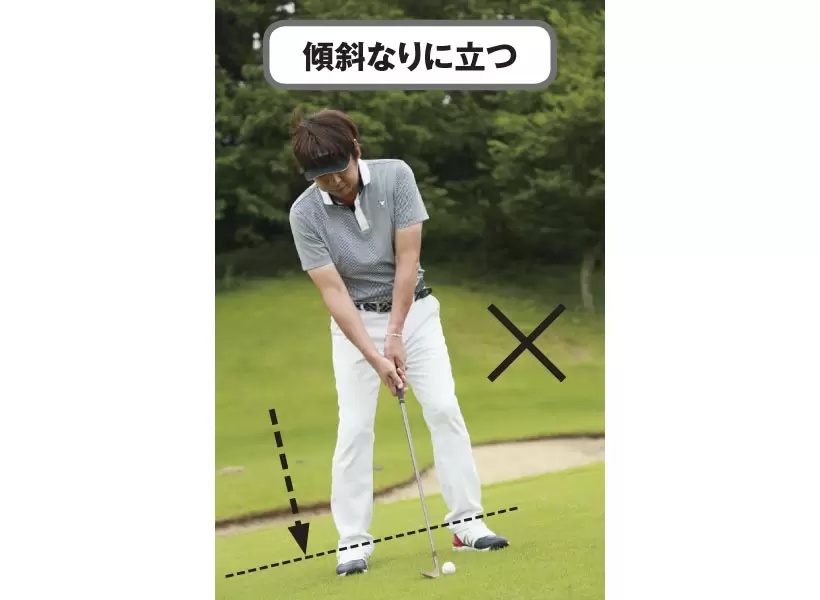 傾斜地なりに立つのがセオリーと言われるが、右に体重が残る分、ダフりやすくなる。また急傾斜では対応しきれない場合もある。