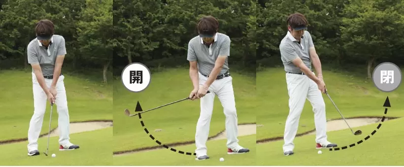 フェースは開→閉の動きが入ることで、傾斜なりにソールが滑るので、ミスになりにくくなる。
