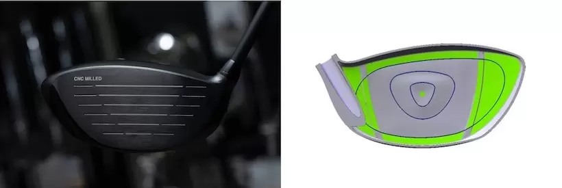 CNCミルド加工により設計値通りの高い反発 性能を実現。ルールぎりぎりの高初速と広い初速エリアを実現する「nabla neo face」を採用（写真右）。