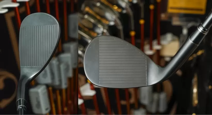 「SやAでなく数字が刻印されているところも売れている理由です（菅野さん）」（写真左）飛び系アイアンからつながりのいいグース ネックを採用。（写真右）フェース面を広く使える丸型のフェースは安心感が大きい