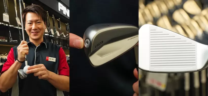 「フォージドアイアンのような気持ちのいい打感です」（写真中）ウエイト効果でコンパクトな割に左右の慣性モーメントは大きい。（写真右）溝の角度と間隔を最適化、本数も増やしたことでスピン量が安定、飛んで止ま