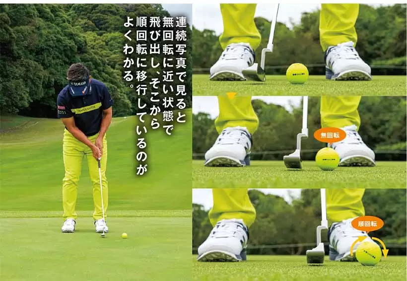 連続写真で見ると無回転に近い状態で飛び出し、そこから順回転に移行しているのがよくわかる。