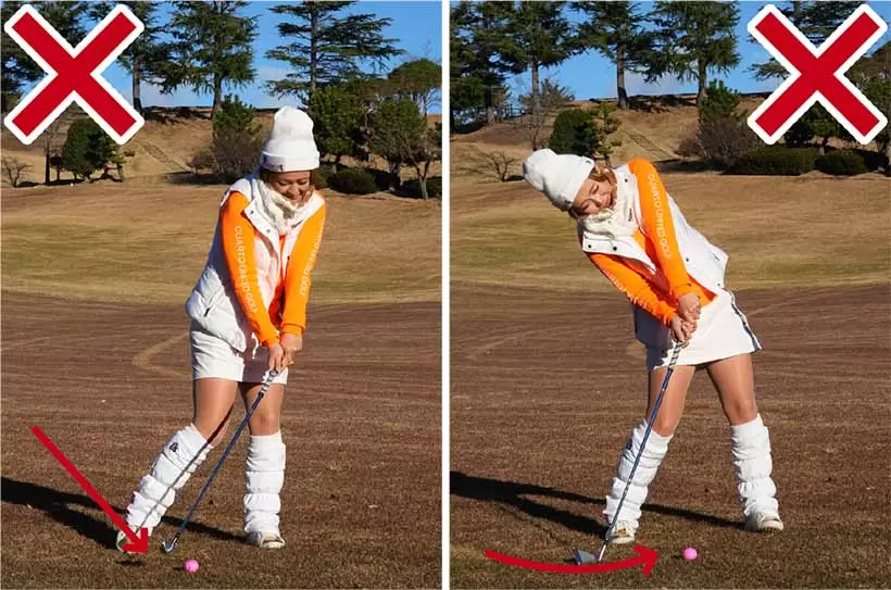 上から打ち込んだり（左）、すくい上げたり（右）するのがミスの原因。