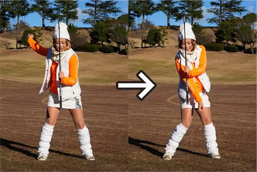 軸の位置を変えずにスイングすれば、冬のフェアウェイからでもグッドショットが打てる。