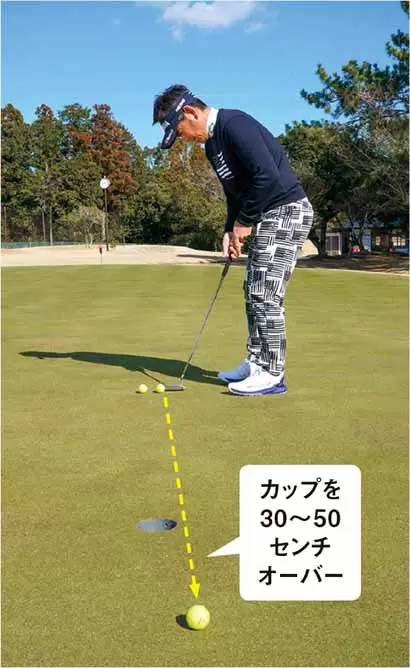 ジャストタッチ（ぴったりの距離）ではなく、カップを30～50センチくらいオーバーさせるのが藤田流。この強さで打つと、どのくらい曲がるのかを想定し、狙いどころを決める。