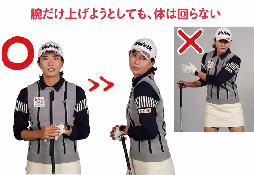 腕だけ上げようとしても、体は回らない