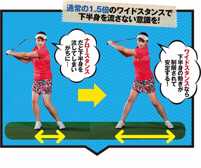通常の1.5倍のワイドスタンスで下半身を流さない意識を！