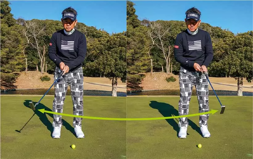 振り子には「支点」が不可欠だが、パットの支点は固定するものでなく、安定させることが大事。ヒザの高さで、グリップエンドが体（ヘソ）を指し続けるように振ると、正しい動きがわかる。