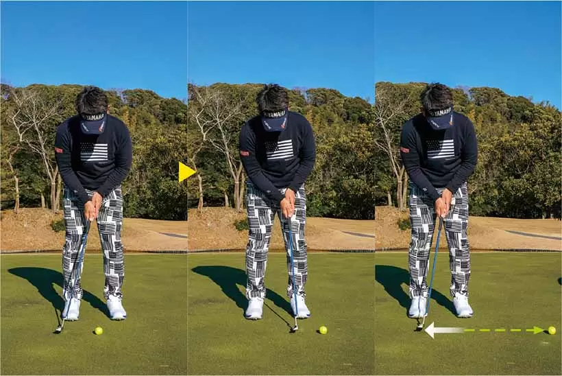 スパットに向けて真っすぐ打ち出したら、右足の前くらいまでヘッドを素早く引く。