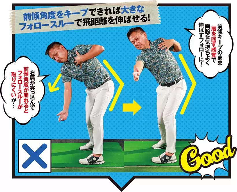 前傾角度をキープできれば大きなフォロースルーで飛距離を伸ばせる！