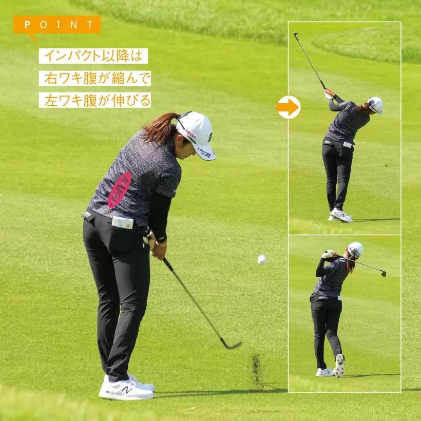 インパクト以降は右ワキ腹が縮んで左ワキ腹が伸びる