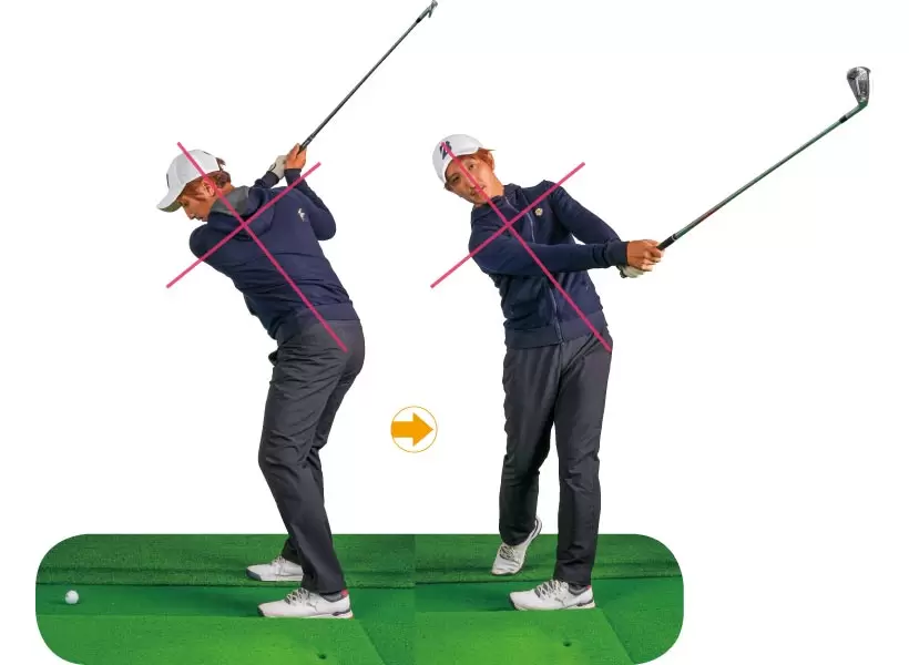 アドレスの前傾軸に対して、両肩を90度の角度で回転するのが正しい動き。ヨコ回転よりもタテ回転の感覚に近い。