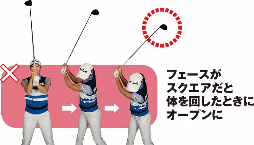 フェースがスクエアだと体を回したときにオープンに