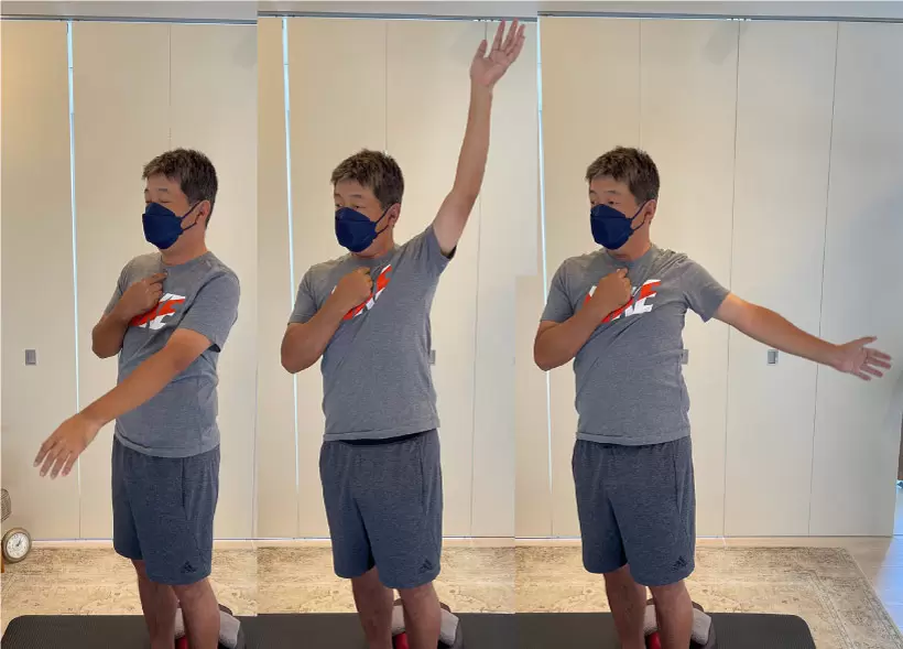 鎖骨の付け根から腕を回す動きはラウンド前にもおすすめですが、デスクワークの合間にもぜひやってみてください。