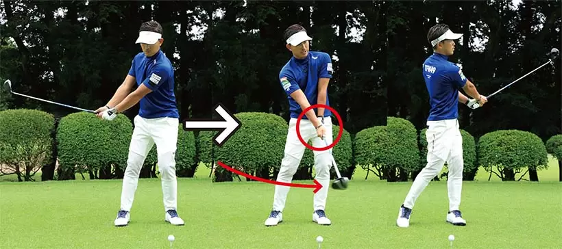 大西翔太コーチ,上体を前傾させて同じようにグリップエンドをお腹の前にキープして素振りを繰り返そう。