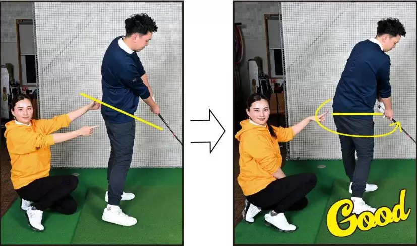 クラブヘッドの遅れを下半身で補おうとしている