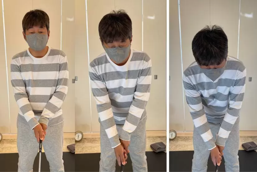 （左）直立した状態で肩のV字を作り、その形を崩さないように前傾してグリップする。（右）猫背になると肩のV字は崩れてしまう。