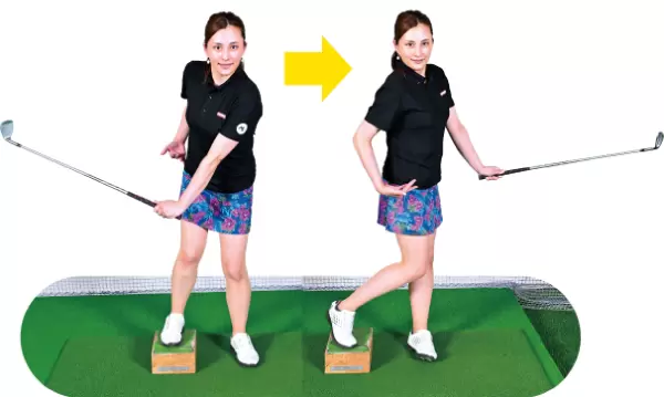 台に右足を乗せてスイング