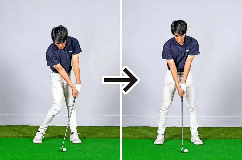 ハンドファーストに打てている人ならボールを左寄りにセットするのがベスト。