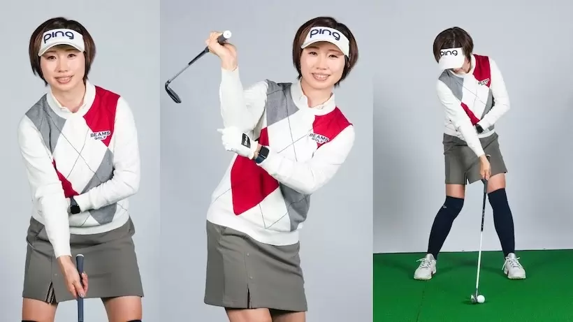 左手で右ヒジを支え、腕と肩で四角形を作ってスイング。トップでは右ヒジが下向きに。トップでもインパクトでも腕と肩でできる四角形が崩れない。